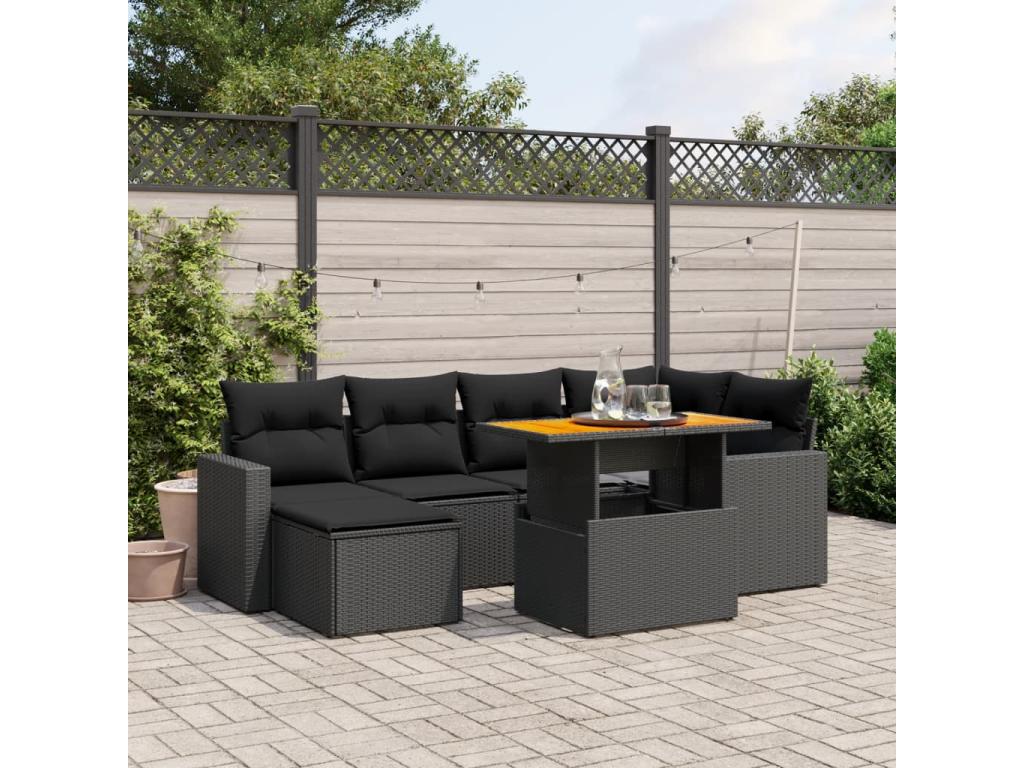 7-piece garden furniture set with cushions, black woven resin EOYR60855