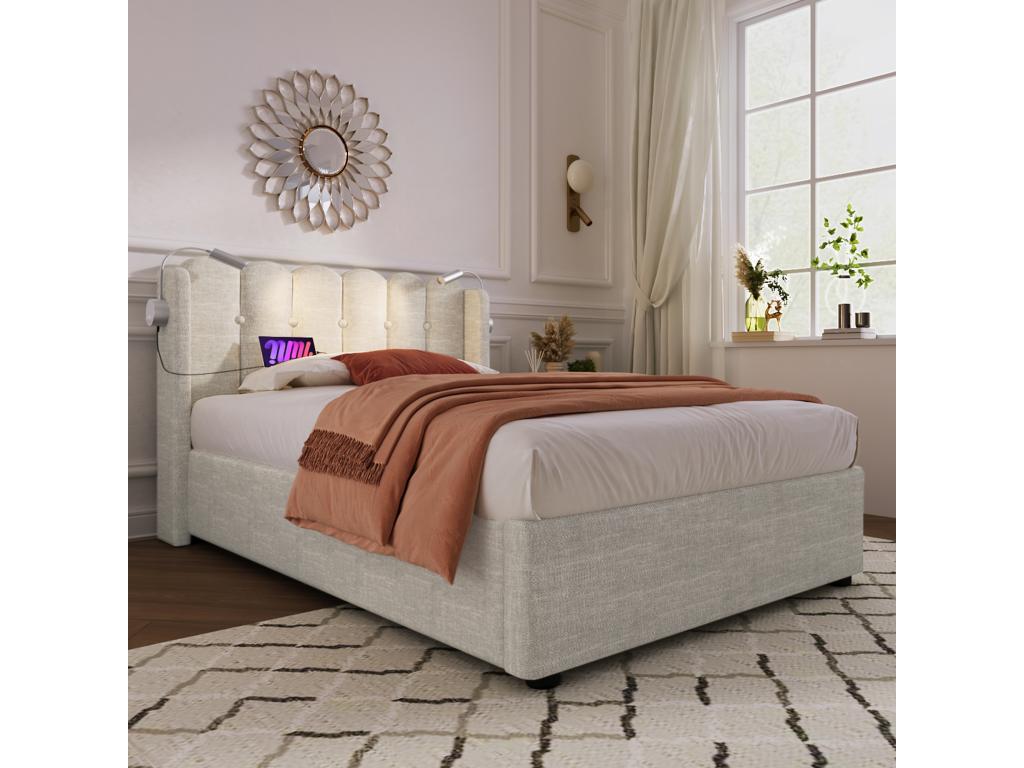 Upholstered single bed 90x200 with reading lamp and rechargeable function, storage, Decohaute Linen without mattress XTYR88970