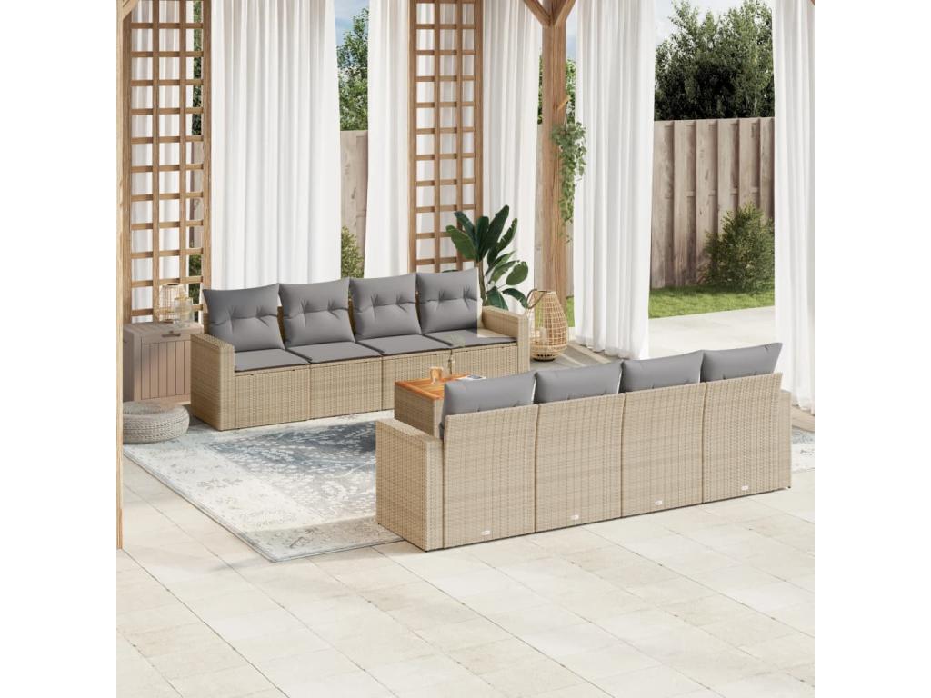 9-piece garden furniture set with cushions, beige woven resin BQVF57399