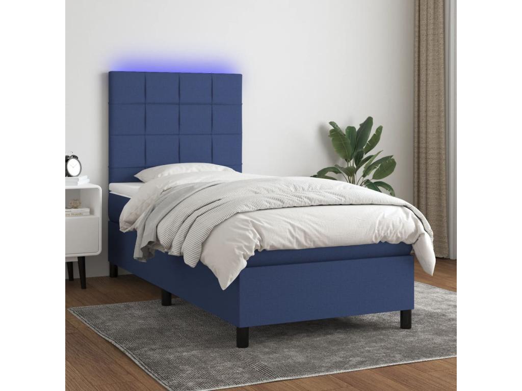Upholstered bed base with mattress and blue LED lighting, 90x190 cm, fabric VPCV12479