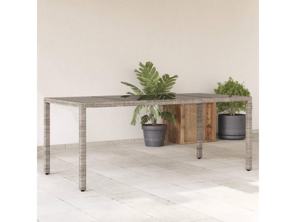 Garden table with glass top, grey, 190x90x75cm, woven resin, ZFNK78373