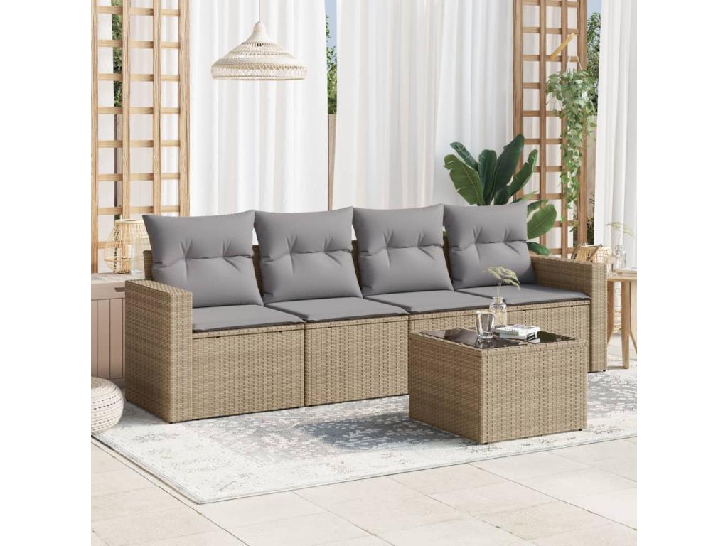 5-piece garden furniture set with cushions, beige woven resin BKBD24522
