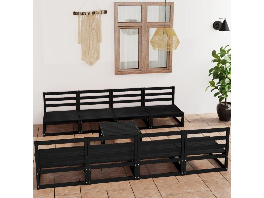 9-piece black solid pine wood garden furniture set GDUL53433
