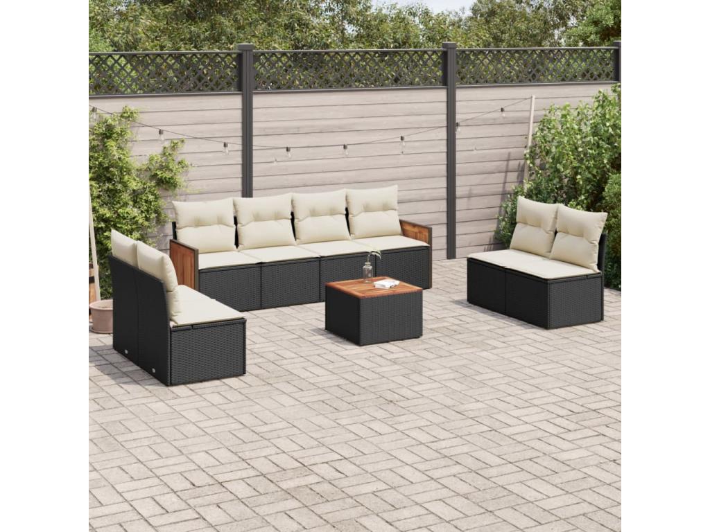 9-piece garden furniture set with cushions, black woven resin HQCD25797