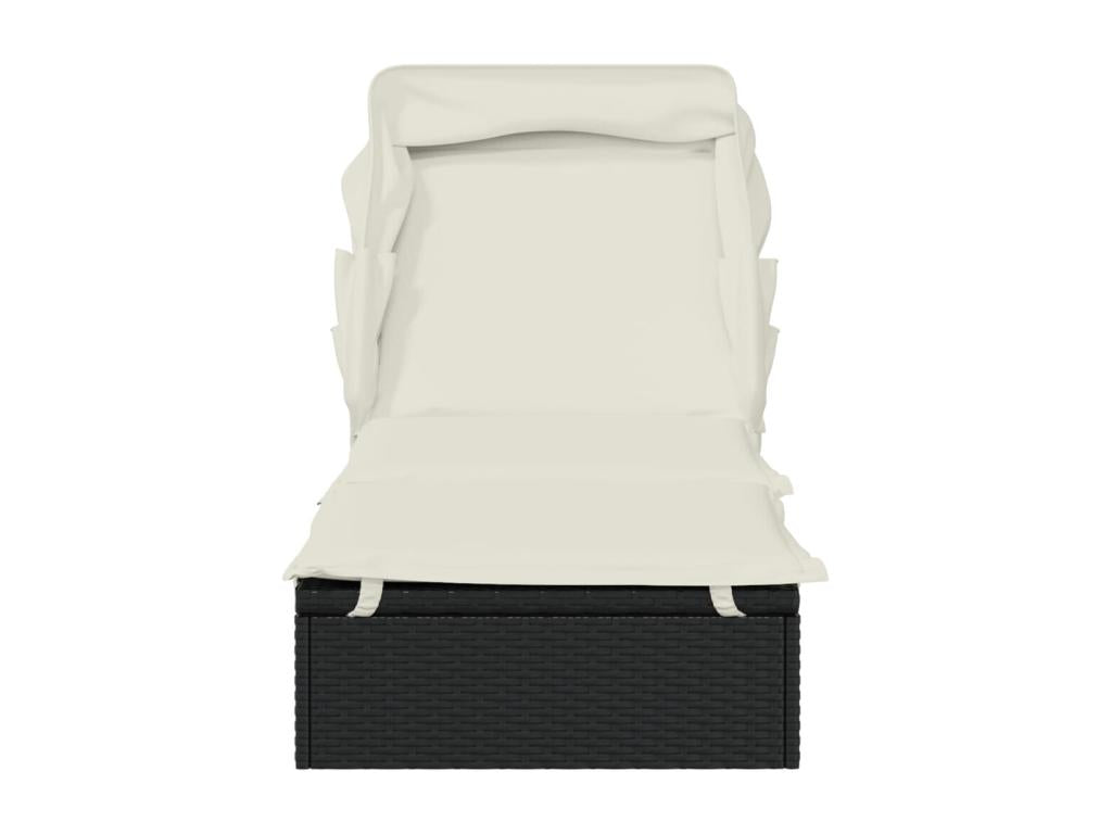 Sun lounger with folding canopy, black, 213x63x97 cm, woven resin BCKP15604