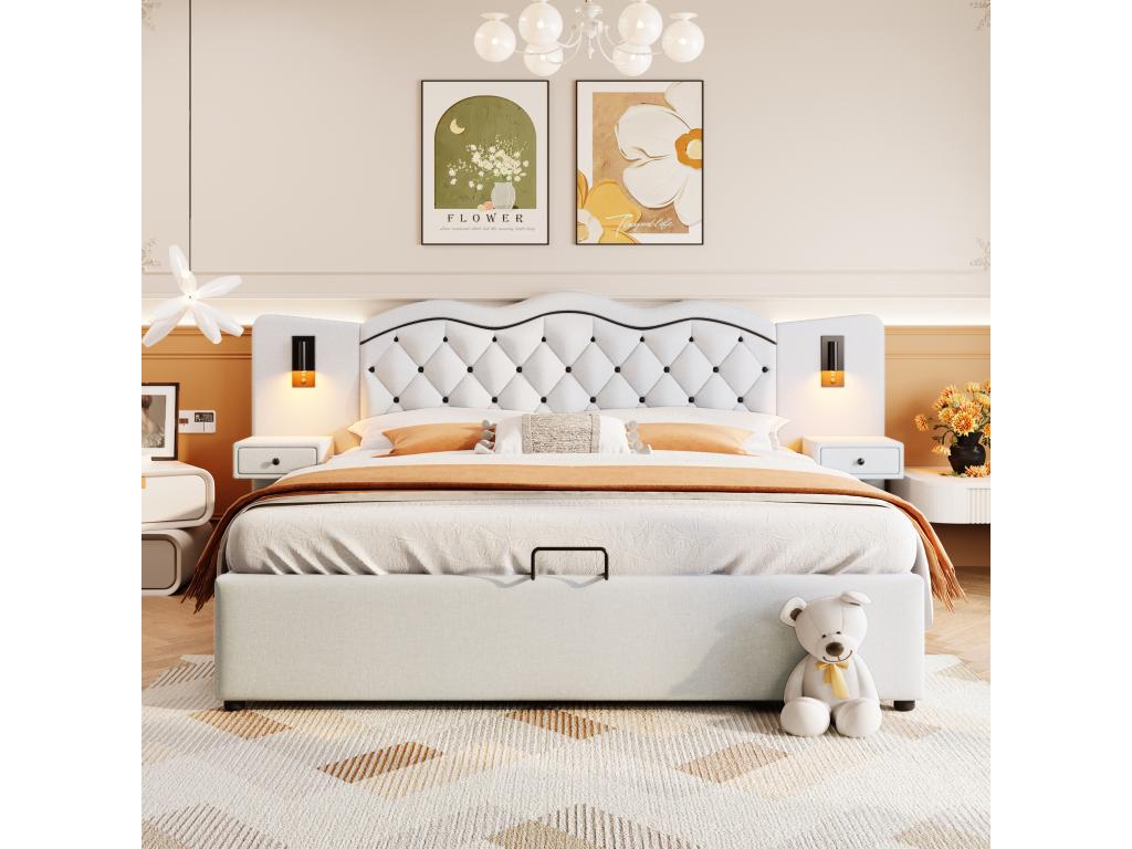 180x200 cm linen storage bed - 2 bedside tables with storage, USB port and lamps - Beige TSSA42593