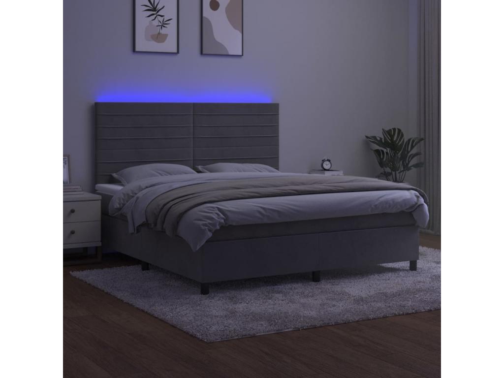 Upholstered bed base with mattress and LED light, light grey, 160x200 cm, velvet, JNOQ34907