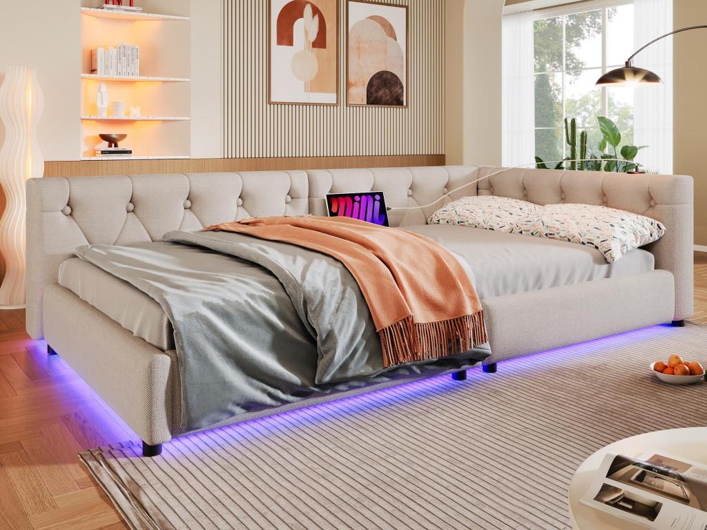 90x200 cm linen daybed - with LED and charging ports - Beige UOFP24671