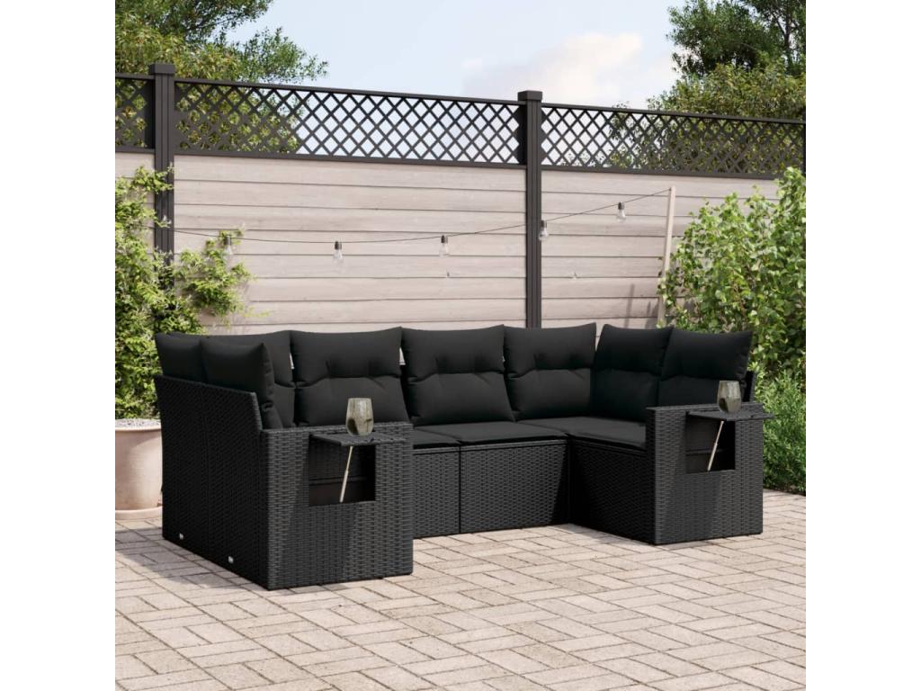 6-piece garden furniture set with cushions, black woven resin QCRV89268