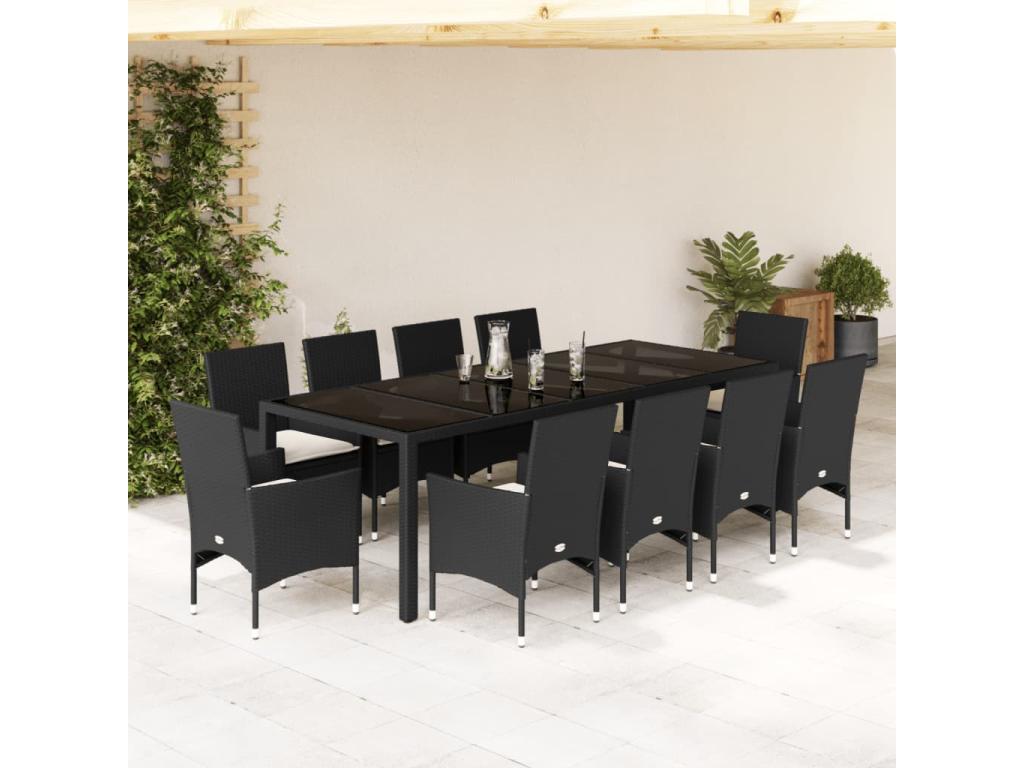 11-piece garden dining set with cushions, black rattan and glass, RCFQ79408
