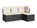 4-piece garden furniture set with cushions, black woven resin FSJQ13849