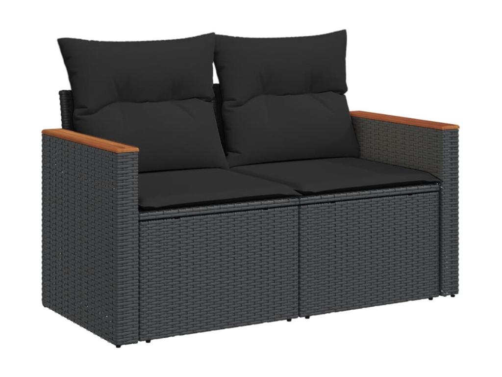 7-piece garden furniture set with cushions, black woven resin, UJZZ47079