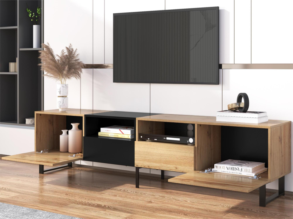 TV stand with 2 doors, 2 drawers / 2 shelves - wood look - MDF and gold-tone metal - oak and black finish KOJB84834