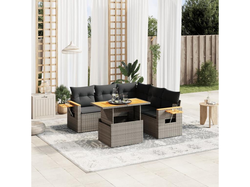 6-piece garden furniture set with grey resin wicker cushions EZYA42673