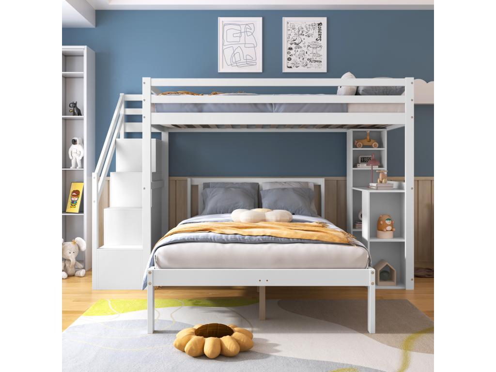 Children's bunk bed 90x200 cm 120x200 cm - with storage stairs and desk - made of solid wood and MDF - White XYKS49818