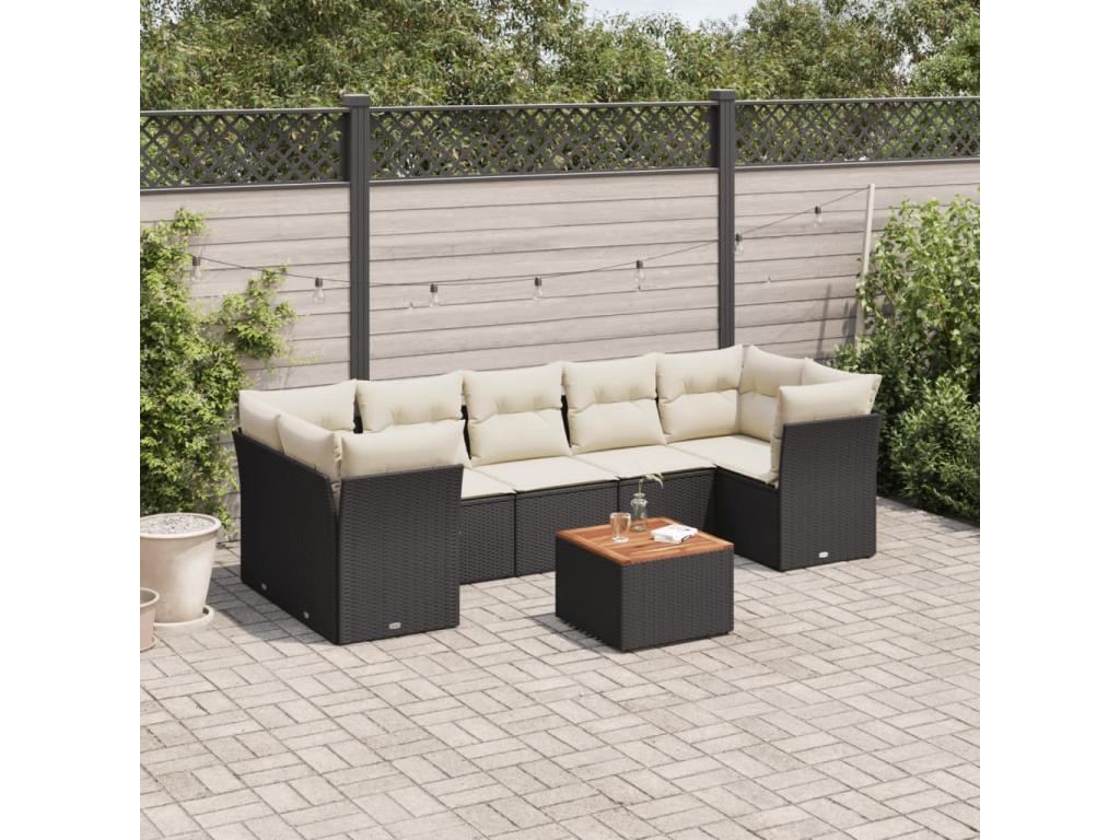 8-piece garden furniture set with cushions, black woven resin CUOJ22861