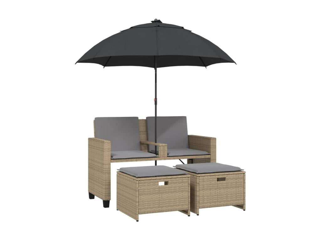 2-seater garden sofa with parasol and beige rattan stools RHBL87335
