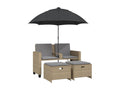 2-seater garden sofa with parasol and beige rattan stools RHBL87335