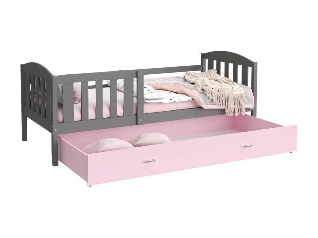 Decohaute Trundle Bed 90x190 Grey - Pink. Comes with slatted bed base, drawer, and 7cm foam mattress. NIJZ66412