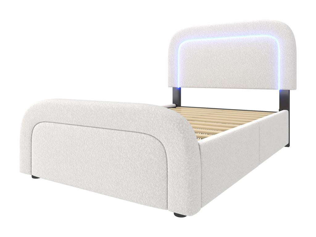 Adult bed 90x200 cm with 2 drawers and adjustable headboard - USB Type C - Decohaute fabric - white - Mattress XPRM84791