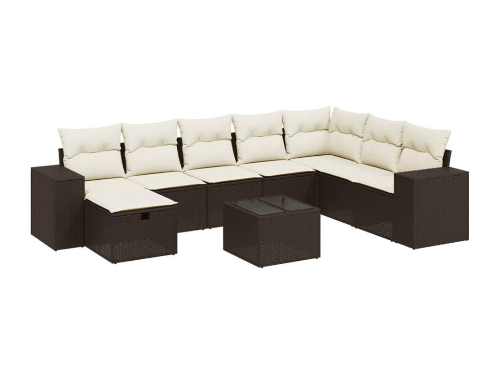 9-piece garden furniture set with cushions, brown woven resin NDIV95399