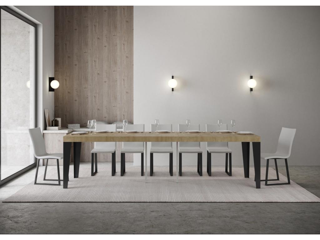 Extendable console table in wood and matte steel, Decohaute - Natural color - 4-legged support - 5 thick extensions LXVM53280