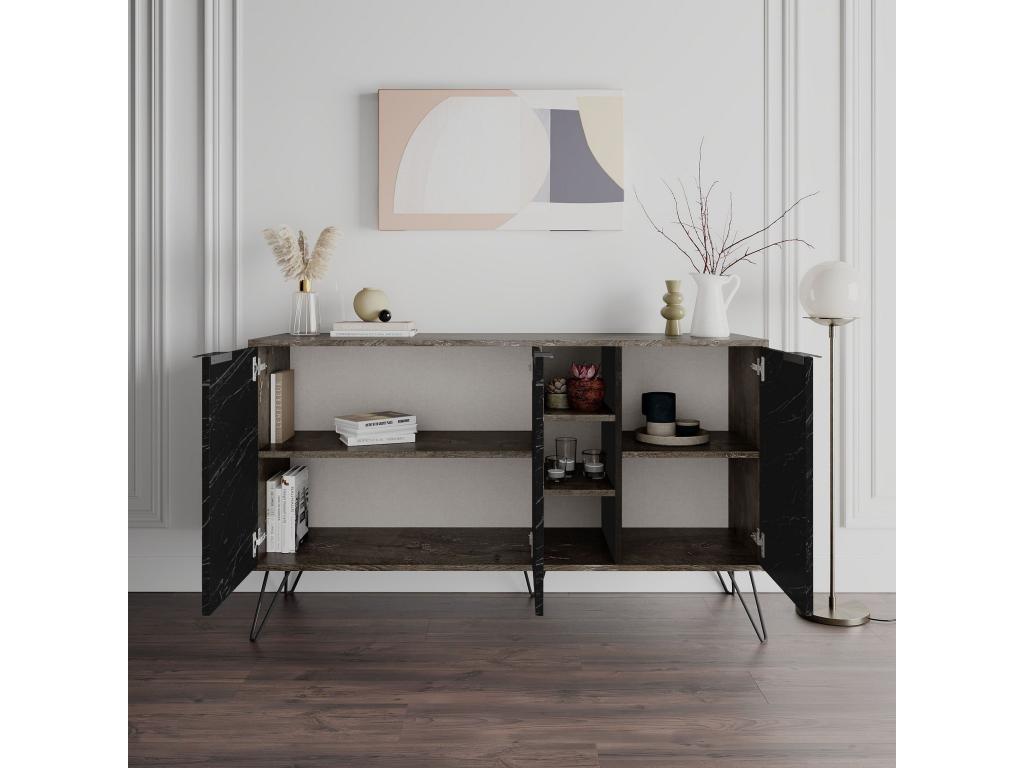 Chezlova 142cm Low Sideboard with 3 Doors and 3 Shelves, Dark Wood and Black Marble Effect and Black Metal NVEQ01539