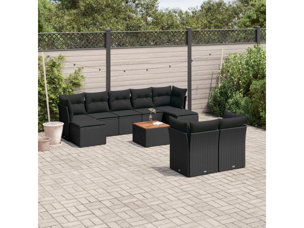 10-piece garden furniture set with cushions, black woven resin RZUZ42948