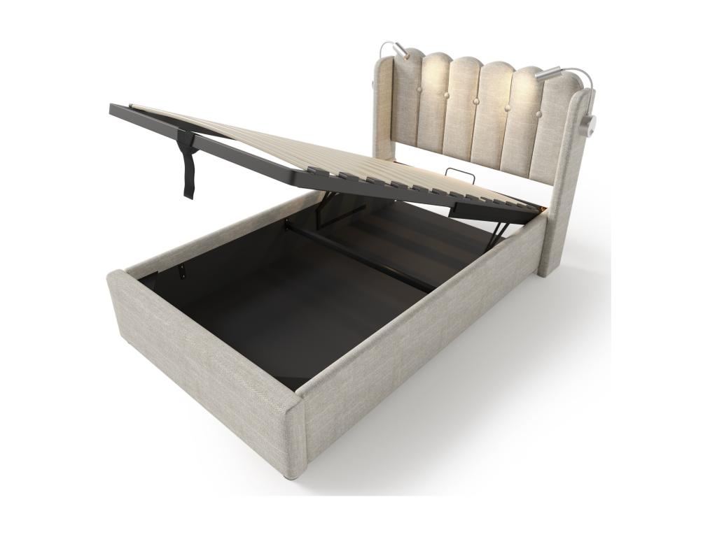 Upholstered single bed 90x200 with reading lamp and rechargeable function, storage, Decohaute Linen without mattress XTYR88970