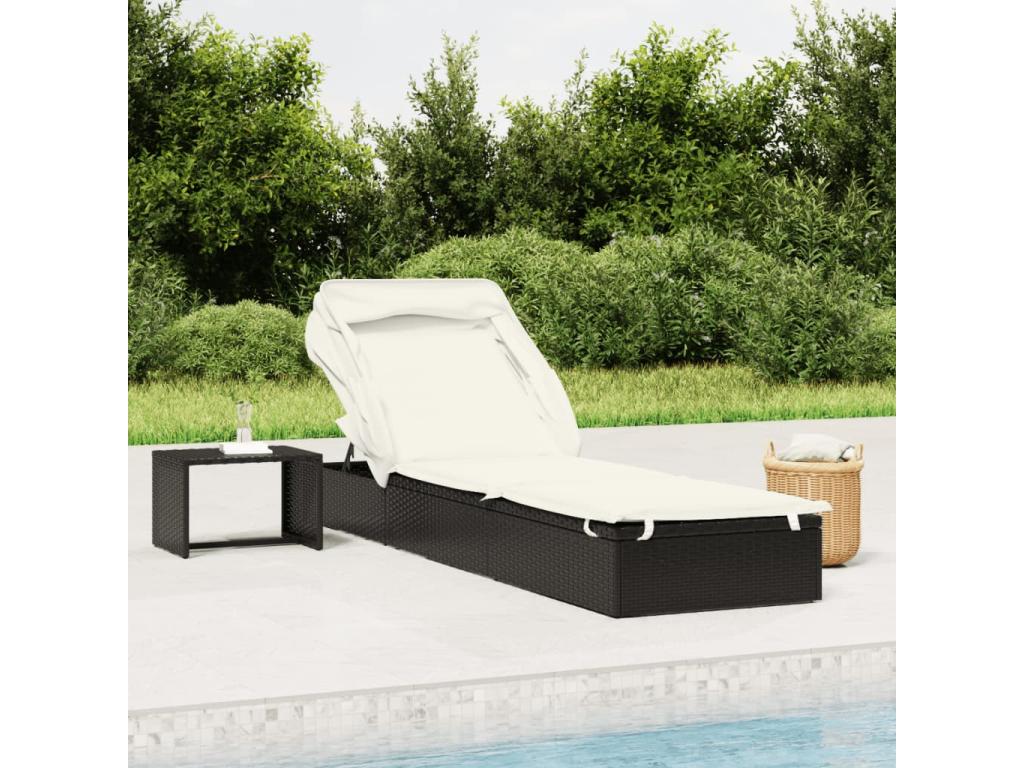 Sun lounger with folding canopy, black, 213x63x97 cm, woven resin BCKP15604