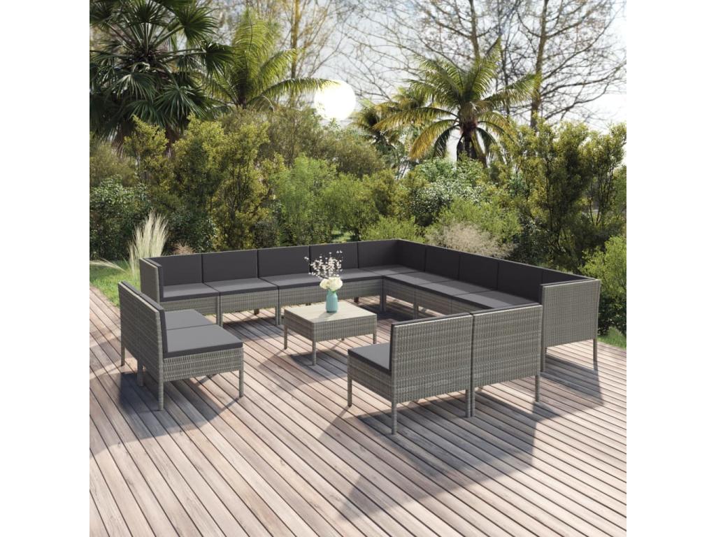 14-piece garden furniture set with cushions, Grey woven resin TUGU66402