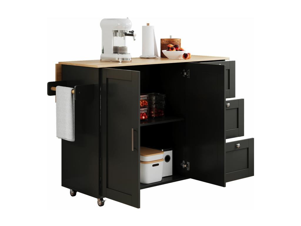 Folding mobile kitchen buffet table with 3 drawers and towel rack, 135x44 x 70x90 cm, Black, WOXI02020