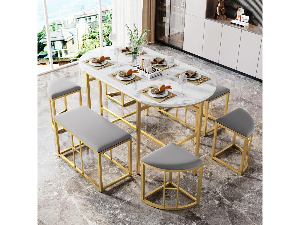 Set of 1 table and 6 velvet-upholstered chairs - marble-effect veneer - gold-tone metal legs - grey and white ULIK76547