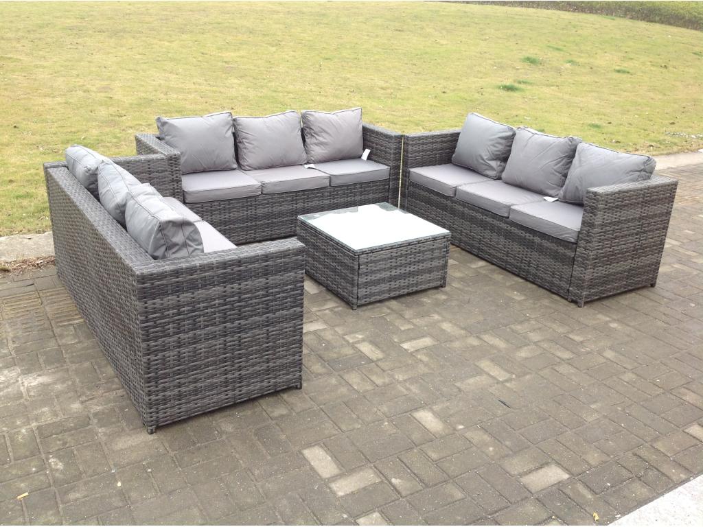 Rattan garden furniture with 3-seater sofa and square coffee table, MéDecohaute dark grey HKKG11739