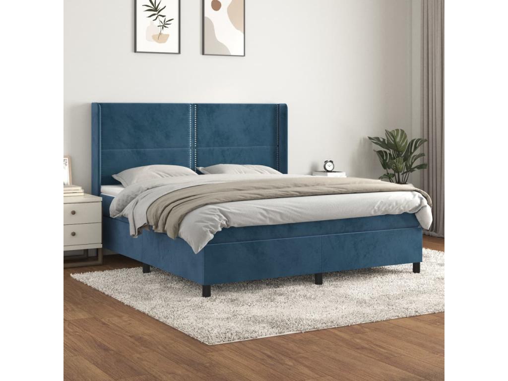 Upholstered bed base and mattress, Dark Blue, 160x200cm, Velvet, KAMB49366
