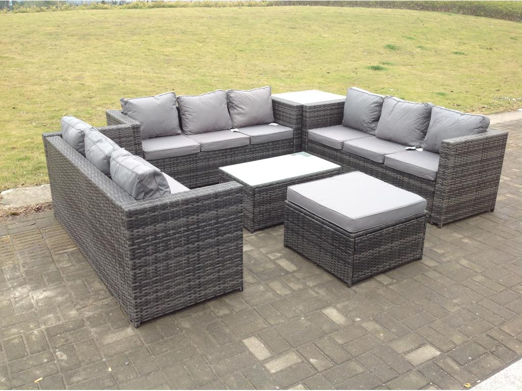Rattan garden furniture with 3-seater sofa, coffee table, side table, and stools, dark grey, MéDecohaute YOHT92631