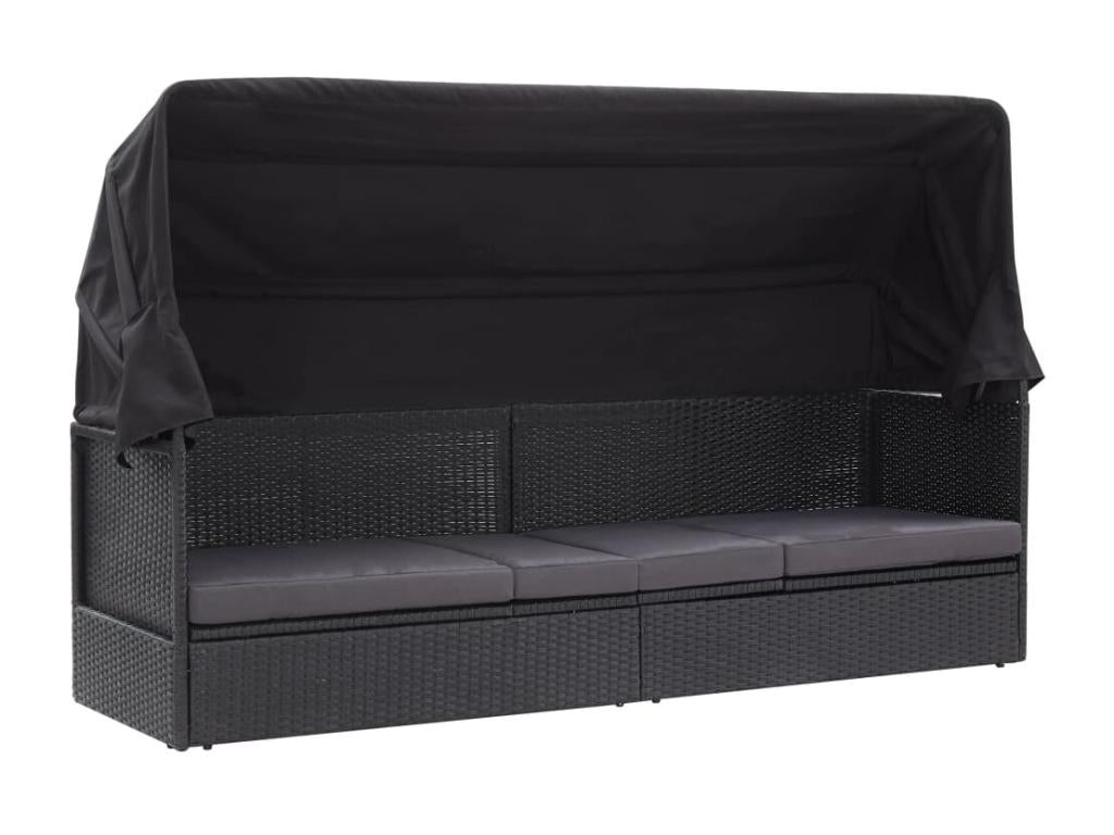 Outdoor sofa bed with canopy, woven resin, black EMYC92023