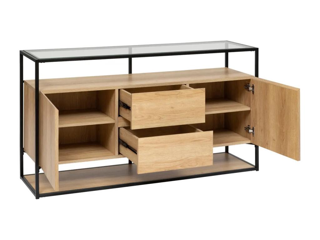 Sideboard storage unit with 2 doors and 2 drawers in natural wood and black metal NMST56486