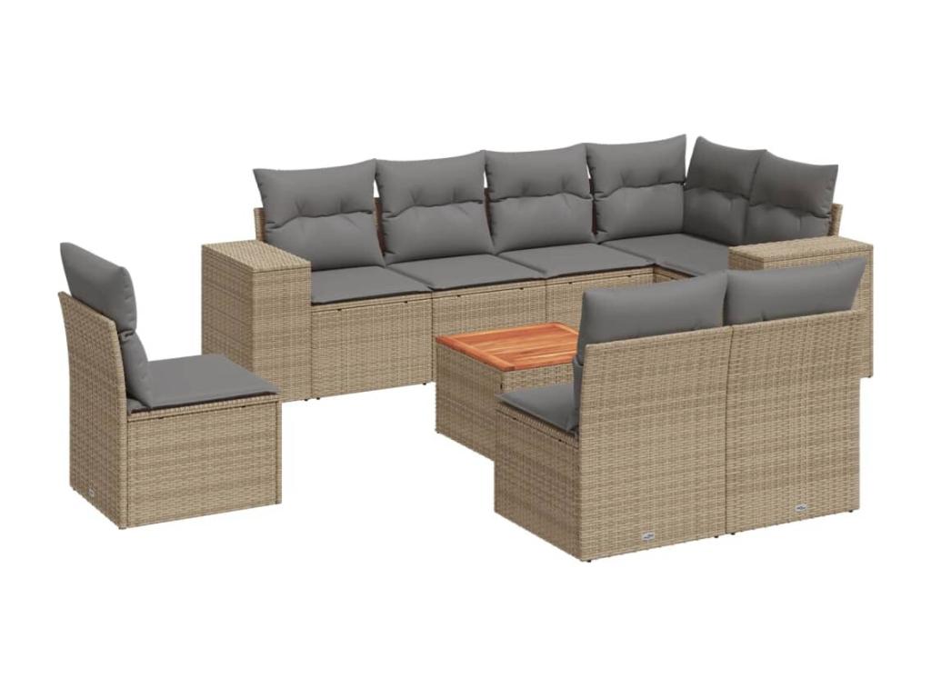9-piece garden furniture set with cushions, beige woven resin ZGPA93552