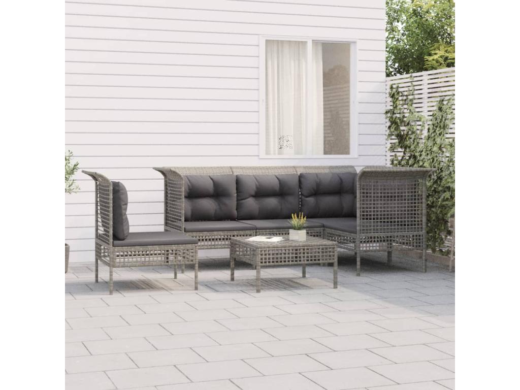 6-piece garden furniture set with cushions, grey woven resin FKCR60259