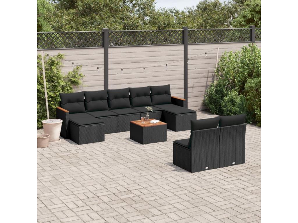 10-piece garden furniture set with cushions, black woven resin JWEO75949