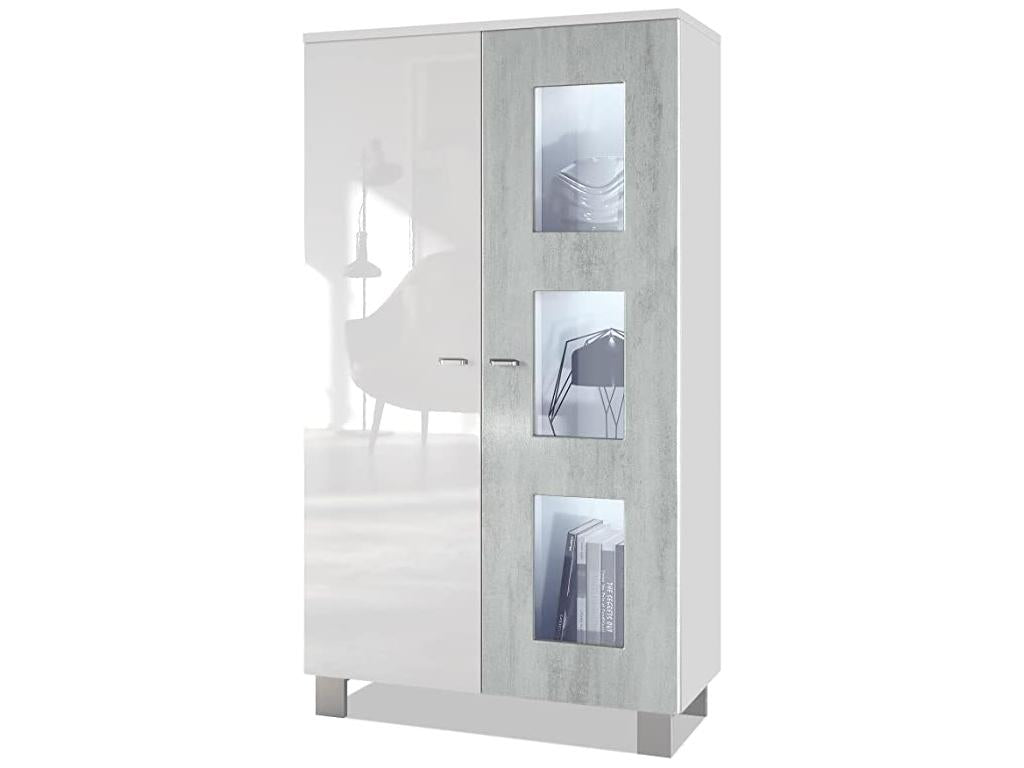 Freestanding display cabinet with 2 doors and 3 panes of glass, matte white/high gloss white/concrete effect, Decohaute LED lighting included, 71x129x35 cm QJBW64079
