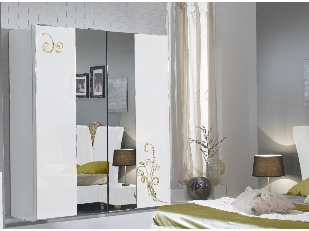 Designer bedroom wardrobe with 2 sliding doors, white and gold lacquered wood, Decohaute, 182cm, MCHU03642