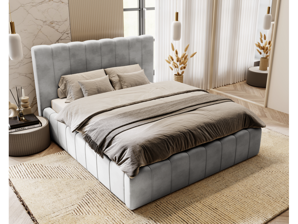 Decohaute Upholstered Bed 140x200 Decohaute - Bed with Slatted Base and Storage Headboard - Double Bed in Light Grey Velvet Decohaute Velvet 2218 ALQS66139
