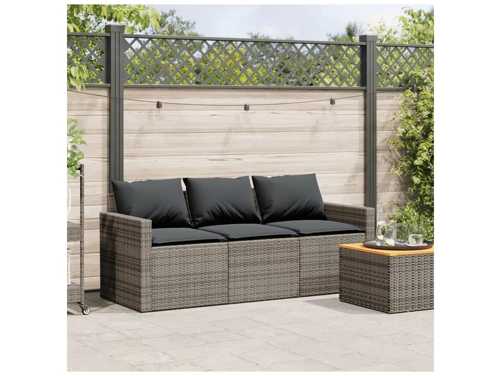 Garden sofa with cushions, 3-seater grey woven resin RZER56853