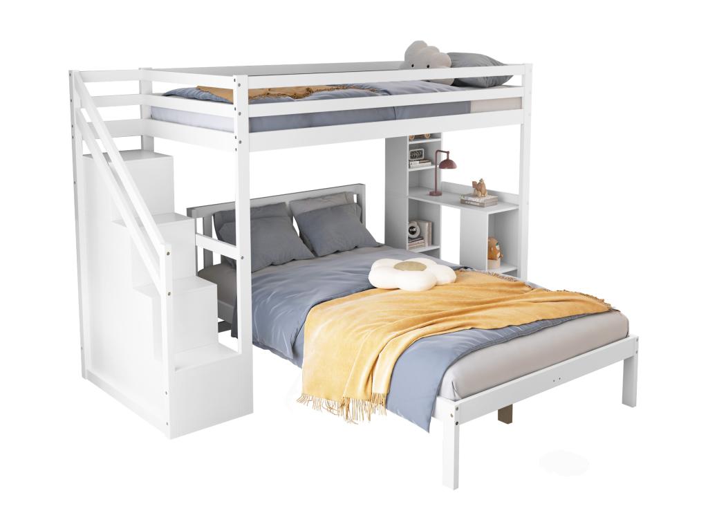 Children's bunk bed 90x200 cm 120x200 cm - with storage stairs and desk - made of solid wood and MDF - White XYKS49818