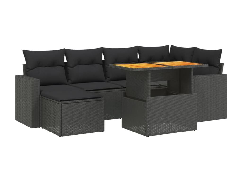 7-piece garden furniture set with cushions, black woven resin EOYR60855