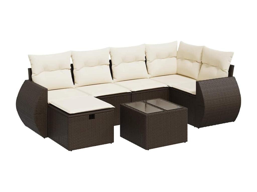 7-piece garden furniture set with cushions, brown woven resin BUVT65986