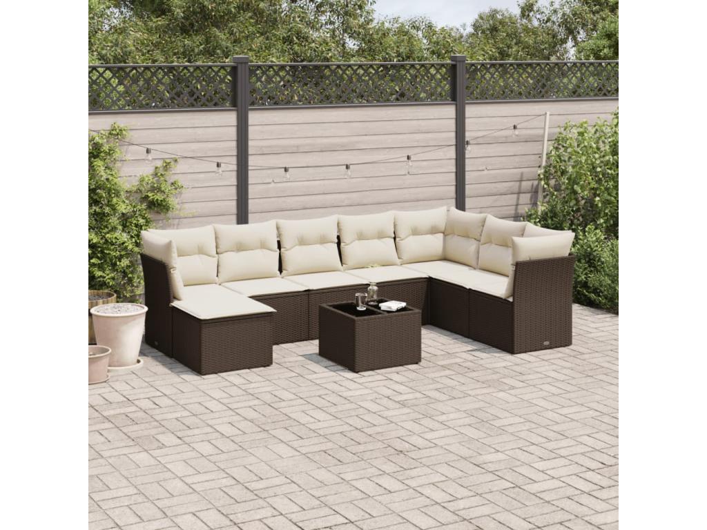 Garden furniture set with cushions, 9 pieces, brown woven resin FNLN51133