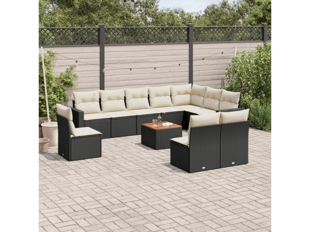 11-piece garden furniture set with cushions, black resin wicker KQDM79312
